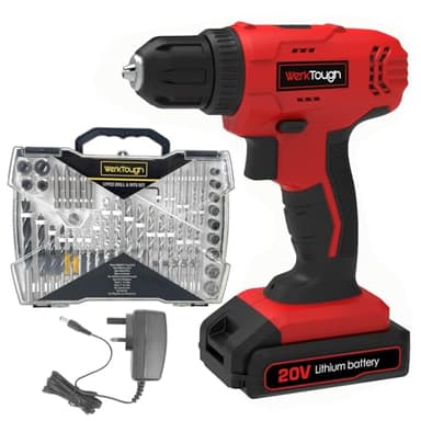 Werktough Cordless Drill Driver 20V Lithium Battery 1500MA 1h Fast Charger with 57pcs Deluxe Drill bits Tool Box
