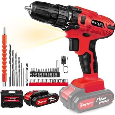 Huini 21V Cordless Drill,Electric Drill Set,45Nm Cordless Combi Drill with 25+1 Torque Setting,Large LI-ion Battery,29PCS Accessories,2 Variable Speed, LED Work Light,Home and Garden DIY Project Kit