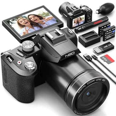 NBD 8K Digital Camera 64MP UHD, Autofocus Vlogging Camera with 180° Flip Screen & WiFi, 16X Zoom Compact Camera with 1.8 Night Vision, Hot Shoe, 64GB TF Card & 2 Batteries (Black)