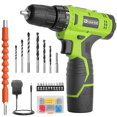 FADAKWALT 12V CordlessDrill, Battery Power Drill Drivers, 3/8” inch Keyless Chuck, Electric Screwdriver Kit, 21+1 Torque Setting, Combi Drill with Li-Ion Battery and Charger(Green)