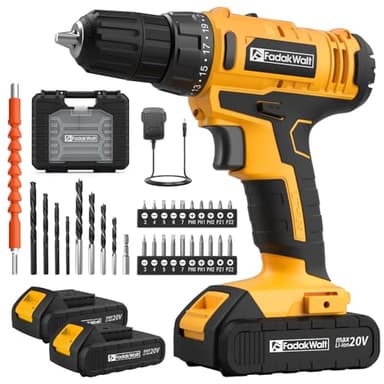 FADAKWALT 20V Cordless Drill, 2 Batteries Electric Screwdriver with case, 21+1 Torque, 2 Speed,30Nm Power Drill Driver, 3/8" Keyless Chuck, with LED Light, Drill Driver Kit for Home（Yellow）