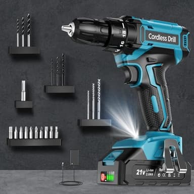 Cordless Drill, LEEIKOO Electric Drill Set 21V with 2.0Ah Battery, Power Drill 42N.m Max Torque, 18+1 Torque Settings, 2 Speed, 20PCS Drill Set, 10mm Chuck & LED Light for Home & Garden DIY