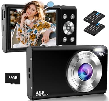 Digital Camera, 4K Autofocus Compact Camera with 32G SD Card HD 48MP with 2.8" Large Screen, 16X Digital Zoom, Portable Mini Camera for Photography, Suitable for Kids,Adult,Beginners（Black）