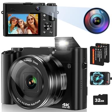 Digital Camera, 4K 64MP Autofocus Vlogging Camera for Photography and Selfies, Compact Camera with 32G SD Card 3'' LCD Screen 16X Digital Zoom Anti-Shake Flash Camera for Beginners Adults